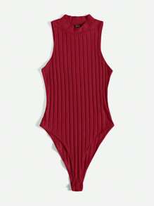 SHEIN Essnce 小高領條紋針織連身背心 - 酒紅色 - 查看 3