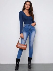 SHEIN Essnce 素色大圓領連身背心 - 藏蓝色 - 查看 4