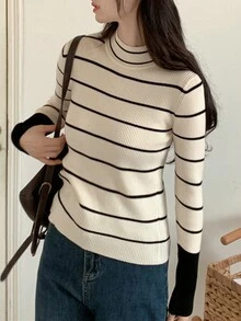 条纹立领罗纹针织毛衣 - 杏色 - 查看 4