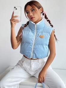 SHEIN EZwear Bear Print Zip Up Crop Vest Padded Coat - Blue - View 4