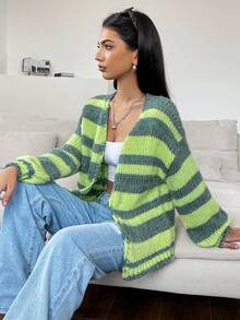 SHEIN Qutie Striped Pattern Drop Shoulder Cardigan - Multicolor - View 7
