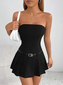 SHEIN PETITE Solid Tube Pleated Hem Belted Tube Short Summer Dress