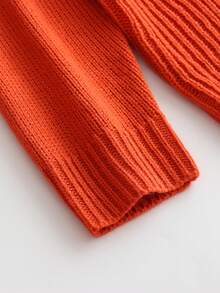SHEIN 時尚簡約風格女童粗絞花針織扭繩套頭毛衣 - 橘色 - 查看 3