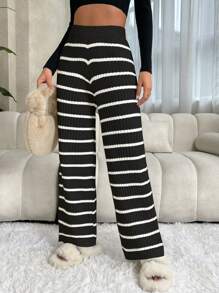 SHEIN LUNE Striped Pattern Wide Leg Knit Pants - Black - View 3