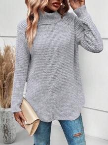 SHEIN Unity Áo len cổ cao tay raglan vạt cong dệt kim mùa thu đông - Màu Xám nhạt - Xem 4