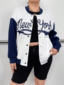 Flirla 大碼字母圖案撞色落肩袖飛行員夾克 - 彩色 - 查看 2