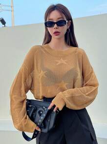 DAZY Star Pattern Drop Shoulder Sweater Y2k Sheer,Fall Clothes - Mustard Yellow - View 6