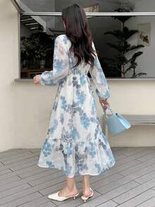 DAZY In hoa Tay áo lồng đèn Nút phía trước Đầm - Nhiều màu - Xem 2