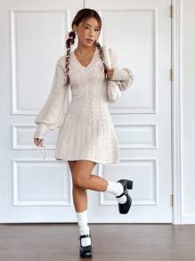 SHEIN EZwear 秋冬麻花针织灯笼袖毛衣裙