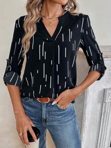 SHEIN LUNE Striped Print Roll Tab Sleeve Blouse - Multicolor - View 7