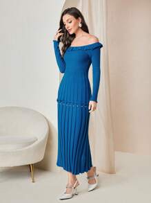 Modelyn Ladies' Open Shoulder Pleated Hem Sweater Dress - Blue - View 5