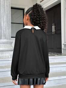 SHEIN Tween Girl Halloween Print Contrast Collar Sweatshirt - Black - View 2