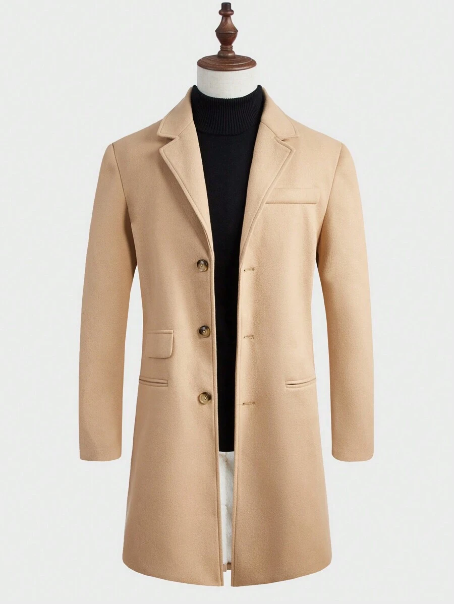 Manfinity VCAY Men 1pc Lapel Neck Overcoat, For Fall Winter - Khaki - View 1