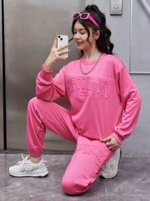 Teen Girl Letter Embossed Drop Shoulder Sweatshirt & Sweatpants - Hot Pink - View 1
