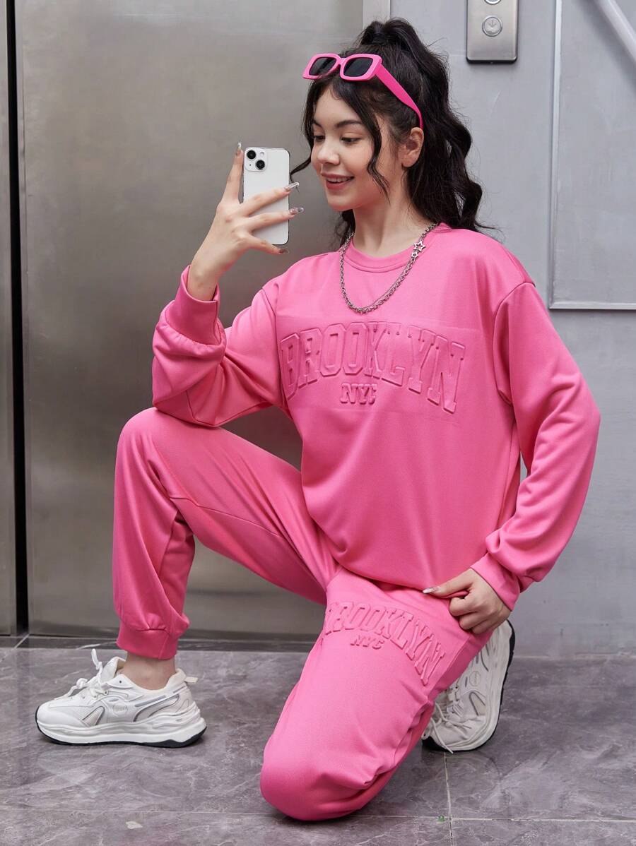 Teen Girl Letter Embossed Drop Shoulder Sweatshirt & Sweatpants - Hot Pink - View 1