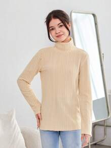 Chicas adolescentes Camiseta de cuello tortuga tejido de canalé - Albaricoque - Ver 3