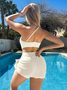 SHEIN Swim Summer Beach Plain Cut-Out One Piece Swimsuit With Beach Skirt - White - View 2