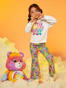 SHEIN X Care Bears 女小童標語圖案運動衫和小熊印花喇叭褲 - 白色 - 查看 6