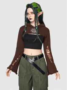 ROMWE Hippie 素色超短版連帽套頭毛衣 - 棕色 - 查看 3