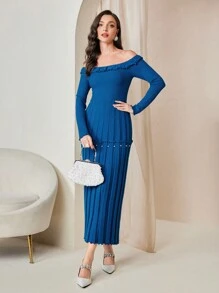 Modelyn Ladies' Open Shoulder Pleated Hem Sweater Dress - Blue - View 3