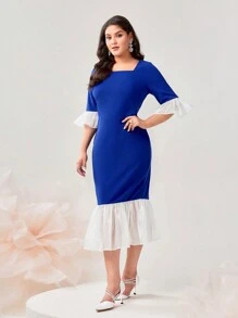 Mulvari Plus Robe À Blocs De Couleurs Manches Évasées Sirène (Sans Ceinture)