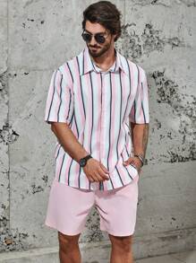 Manfinity Homme Men Plus Striped Print Shirt & Shorts - Pink - View 5