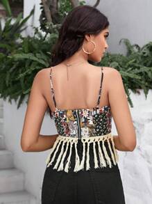 SHEIN VCAY Patchwork Print Fringe Hem Cami Top - Brown - View 2