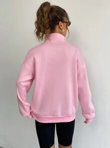 SHEIN EZwear 半拉鏈袋鼠口袋落肩袖運動衫 - 粉色 - 查看 6