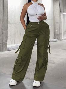 Flap Pocket Side Cargo Trousers - Army Green - View 1