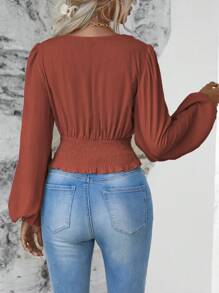 Wandoria Lantern Sleeve Ruched Blouse,Long Sleeve Tops - Rust Brown - View 2