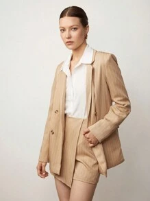 BizChic Lapel Neck Double Breasted Blazer & Skort - Khaki - View 3