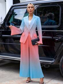 SHEIN Privé Ombre Print Flap Detail Blazer & Pleated Wide Leg Pants - Multicolor - View 2