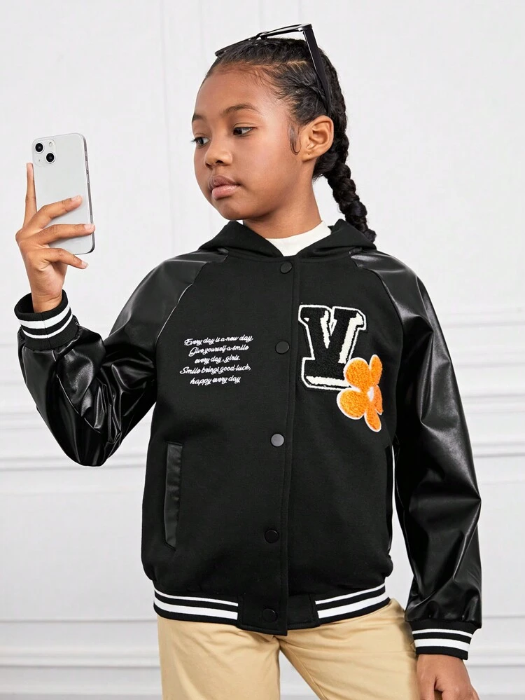 Tween Girl Slogan Graphic Striped Trim Slogan Graphic Raglan Sleeve Varsity Jacket