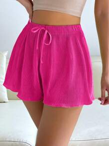 SHEIN EZwear Solid Tie Waist Ribbed Knit Shorts - Hot Pink - View 3