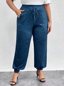 EMERY ROSE Plus Leopard Print Knot Waist Pants - Teal Blue - View 4