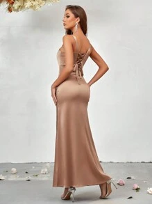 SHEIN Belle Split Thigh Satin Bridesmaid Dress - Champagne - View 2