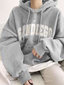 Letter Graphic Big Pocket Drop Shoulder Drawstring Hoodie,Fall Women Clothes Sweatshirt - Grey - View 5