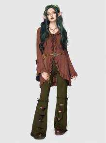 ROMWE Fairycore Quần ống loe cắt ren tương phản - màu xanh lá - Xem 2