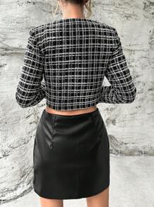 SHEIN Privé 格紋圖案開門襟短款花呢外套 - 黑色 - 查看 2