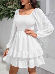 SHEIN VCAY 方領燈籠袖荷葉邊洋裝