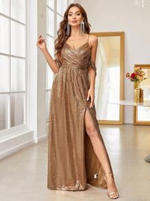SHEIN Belle Đầm suông xẻ đùi lạnh vai - Rượu sâm banh - Xem 3