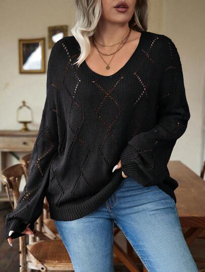 Nubod Plus Size Women's V-Neck Plus Size Loose Knitted Pullover Sweater, Casual Loose Fit, Hollow Out Mesh Diamond Pattern, Suitable For Daily Wear, Black, For Winter  Fall Outfit Autumn