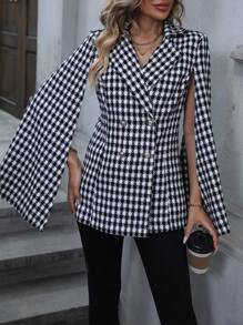 SHEIN Clasi In Houndstooth áo tay cánh Đôi ngực Cape Blazer - Đen và trắng - Xem 4