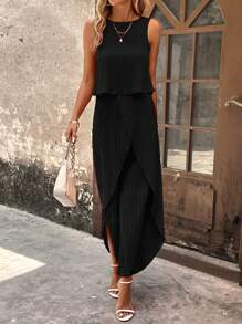 SHEIN Clasi 素色褶皺背心上衣和圍裹下擺長褲 - 黑色 - 查看 1