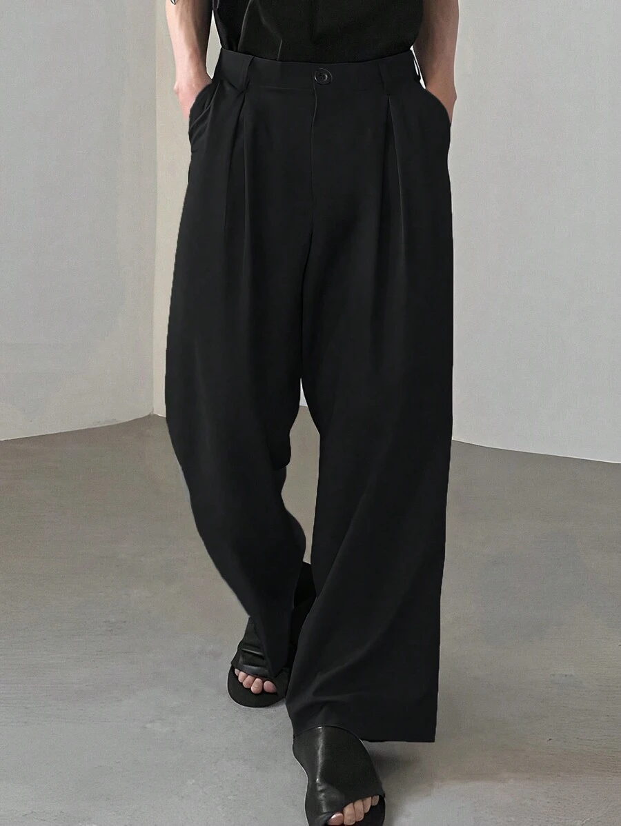 Claim Dot Loose Fit Men's Folded Pleated Wide Leg Pants, Fall - Black - View 1