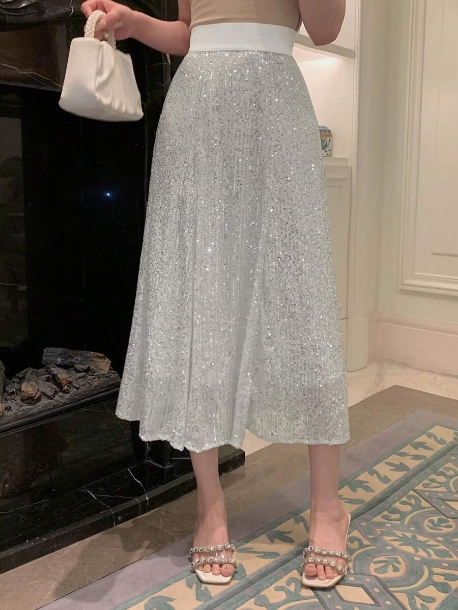 DAZY Wideband Waist Sequin Skirt - Silver - View 1