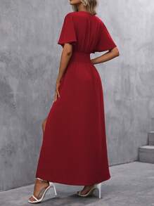 EMERY ROSE Butterfly Sleeve Split Thigh Dress Burgundy Maxi Women Outfit - Burgundy - View 2