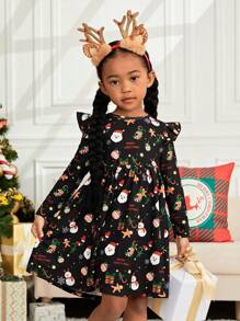 女小童聖誕圖案荷葉邊洋裝 - 黑色 - 查看 5