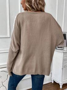 SHEIN LUNE Contrast Lace Batwing Sleeve Sweater - Mocha Brown - View 2