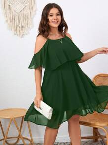 SHEIN Clasi Plus Cold Shoulder Ruffle Trim Dress - Dark Green - View 5